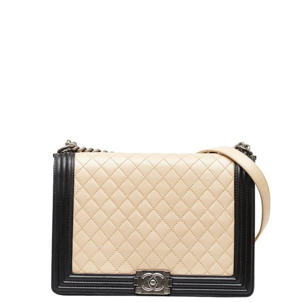 CHANEL Cocomark Boy Large Chain Bag Beige Black Lambskin